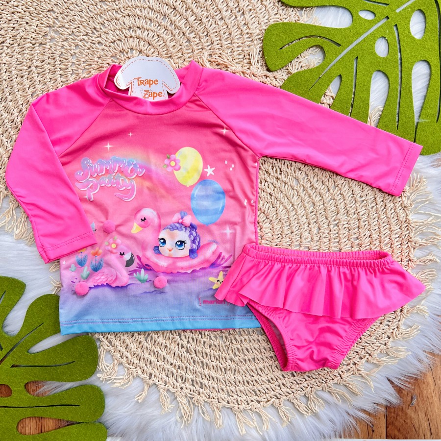 Linha Praia - Blusa Manga Longa com Proteção UV50+ e Calcinha - Peixinho com Pompons - Rosa